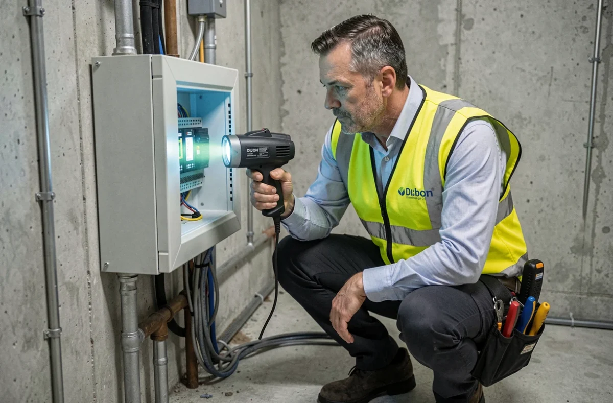 Inspecteur immobilier utilisant une caméra thermique pour analyser un tableau électrique dans une cave à Dijon pour 2Di
