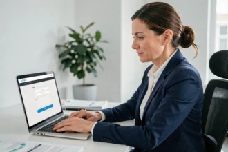 Femme professionnelle accédant à un portail bancaire en ligne sur son ordinateur portable dans un bureau moderne