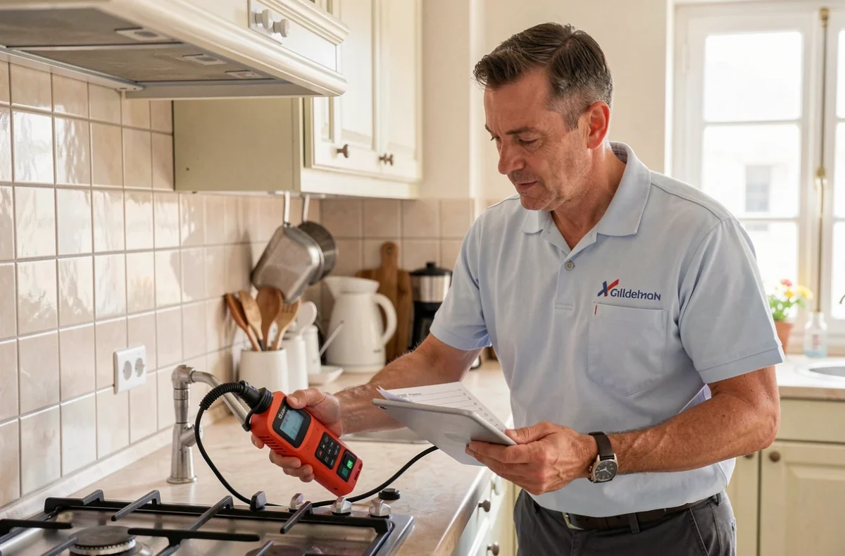 Technicien diagnostiqueur immobilier Laurent Quenin utilisant un détecteur de gaz dans une cuisine d'appartement à Dijon pour Agenda Diagnostics