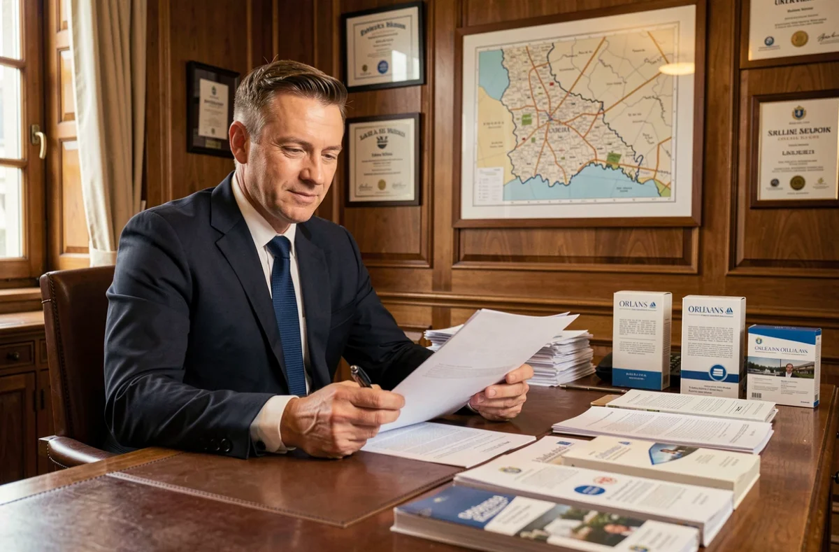 Courtier patrimonial d'AGP Courtage analysant des contrats d'investissement dans son bureau à Orléans