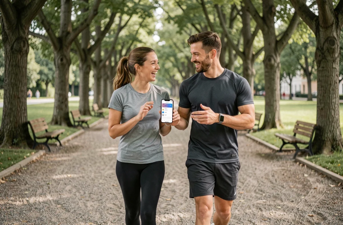 Deux amis sportifs comparant leurs applications de marche rémunérée et bracelets connectés dans un parc urbain