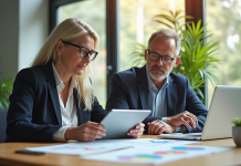 Homme et femme analysant des graphiques financiers au bureau