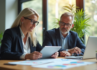 Homme et femme analysant des graphiques financiers au bureau