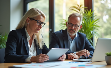 Meilleurs placements financiers à 40 ans : optimiser son investissement Homme et femme analysant des graphiques financiers au bureau