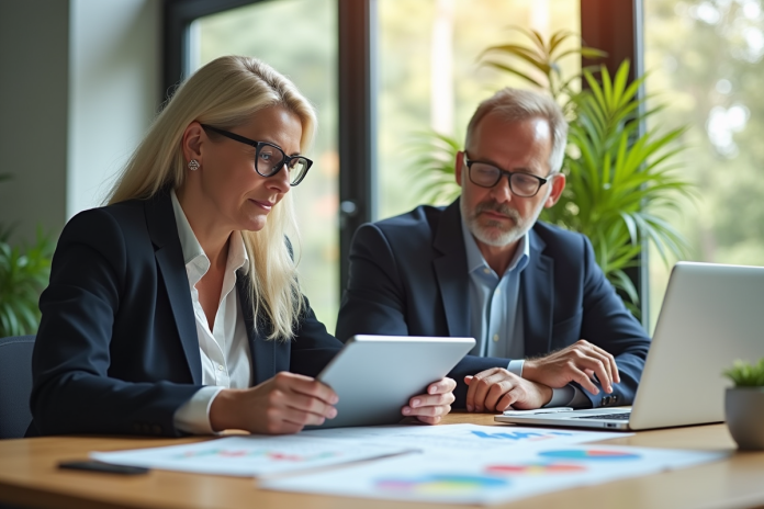 Homme et femme analysant des graphiques financiers au bureau