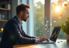 Jeune professionnel analysant des graphiques crypto sur un ordinateur