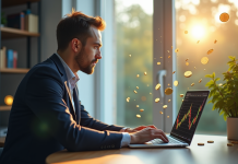 Jeune professionnel analysant des graphiques crypto sur un ordinateur