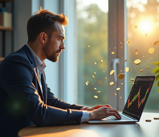 Jeune professionnel analysant des graphiques crypto sur un ordinateur
