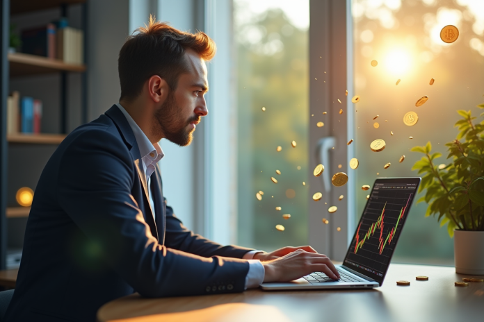 Jeune professionnel analysant des graphiques crypto sur un ordinateur