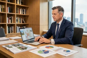 Analyste financier examinant un portefeuille diversifié de SCPI avec documents immobiliers européens sur un bureau en chêne