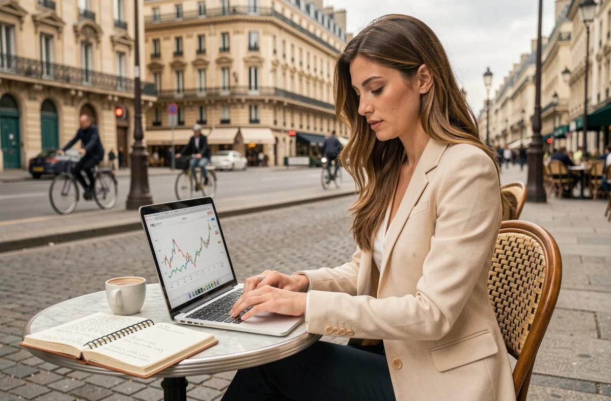 Analyste financière travaillant sur les tendances FRCI 2026 depuis une terrasse de café au bord de la Seine à Paris