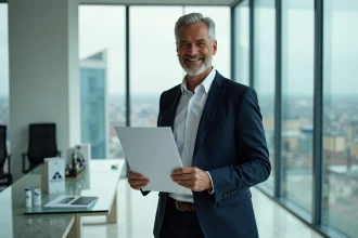 Animateur de télévision en costume bleu marine tenant un contrat publicitaire dans un bureau moderne avec vue sur la ville