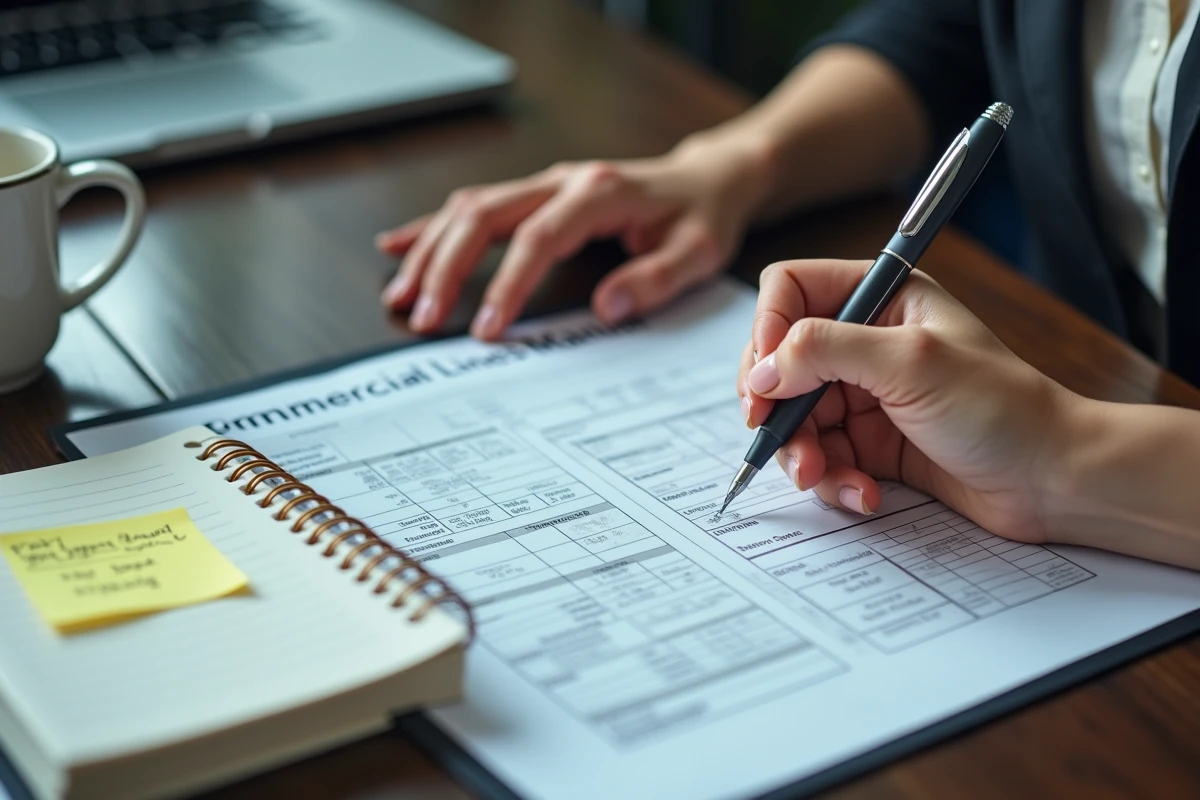 Gros plan sur les mains d'une professionnelle annotant un manuel de lignes commerciales avec des grilles tarifaires et des codes de couverture