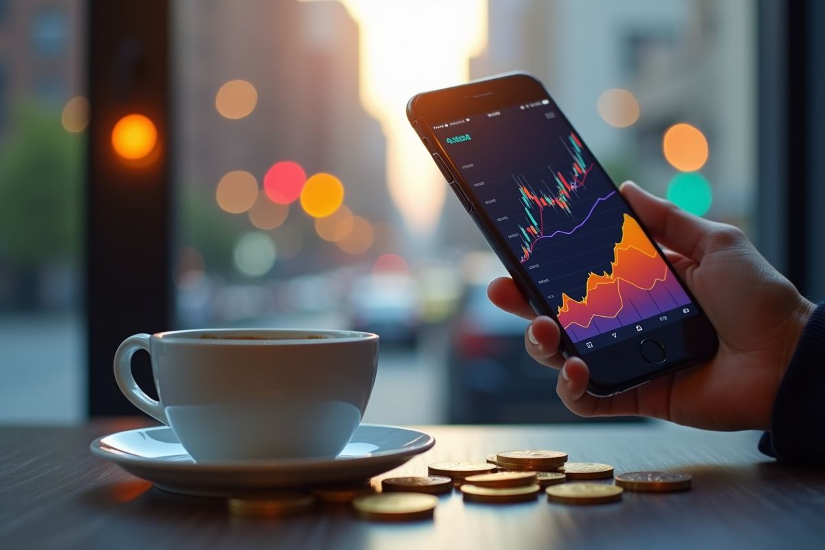 Smartphone avec graphique crypto en hausse et vue urbaine en arrière-plan