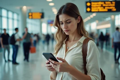 Femme frustrée à l'aéroport regardant son téléphone avec une erreur sur l'application Nickel pendant un voyage à l'étranger