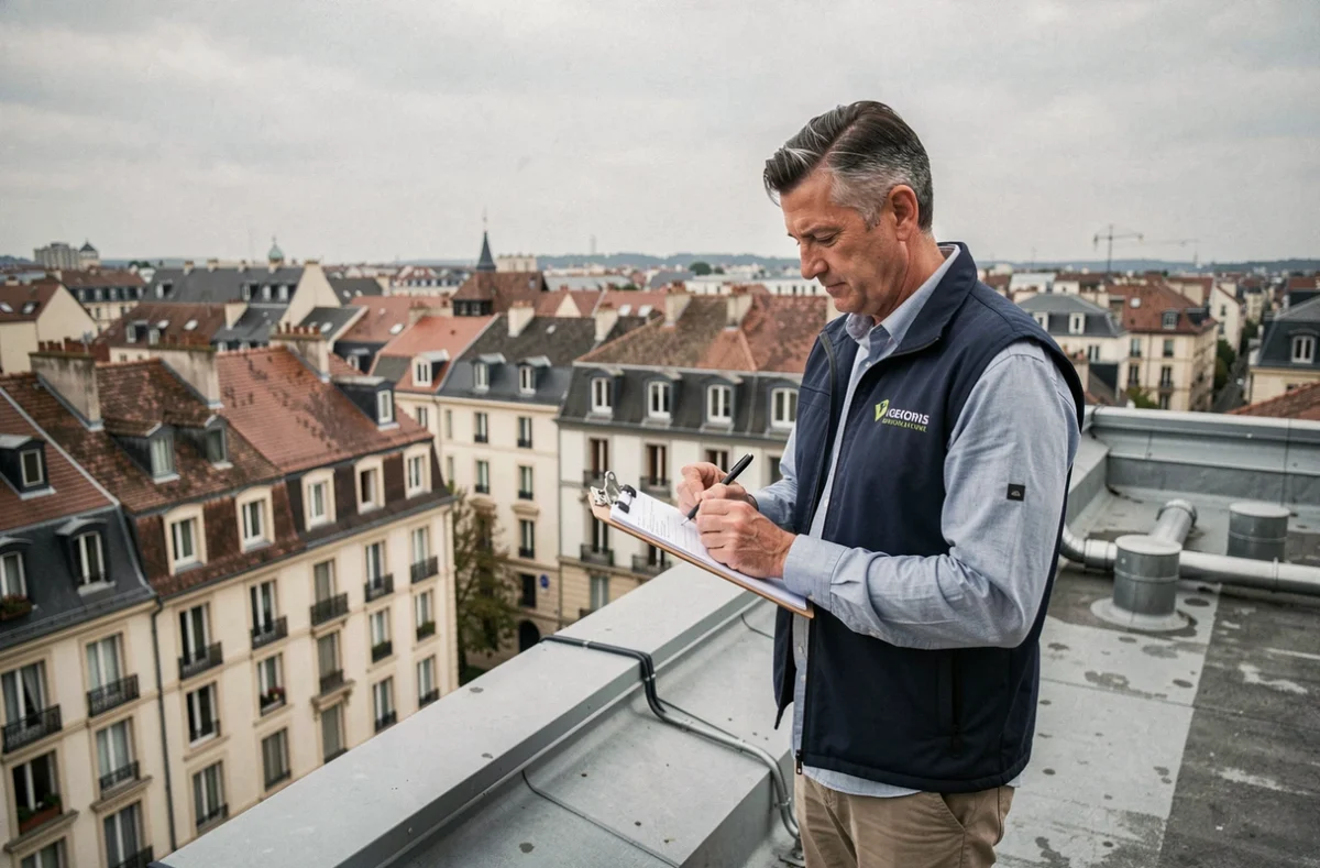 Inspecteur immobilier indépendant prenant des notes sur une terrasse de toit à Dijon lors d'une inspection de bâtiment pour Arnaud Houplon