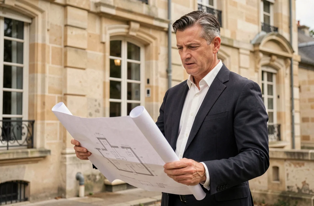 Expert en patrimoine immobilier Balducci consultant des plans architecturaux devant une propriété ancienne en pierre à Dijon
