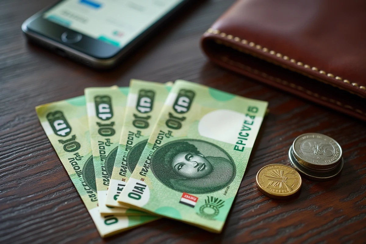 Vue aérienne de billets et pièces en dirhams des Émirats arabes unis avec une carte bancaire sur une table en bois