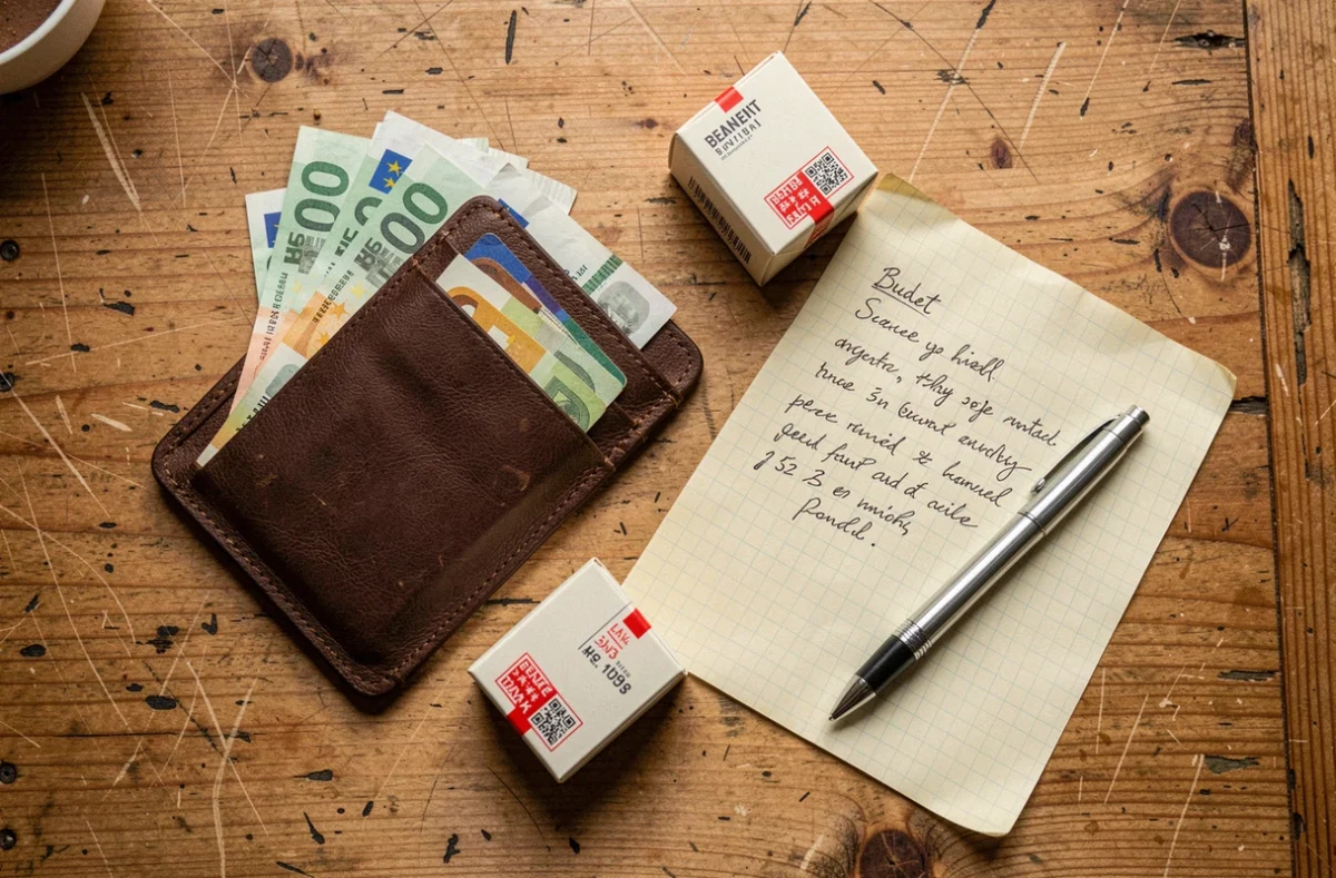 Vue de dessus d'un portefeuille avec des euros, des paquets de cigarettes et des notes de budget manuscrites sur une table en bois
