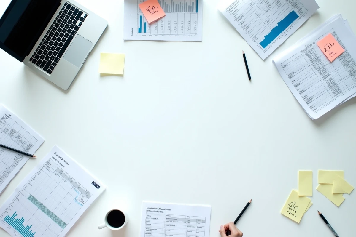 Vue aérienne d'un bureau avec rapports INSEE, prévisions d'inflation 2026 et modèles économétriques imprimés sur table de conférence