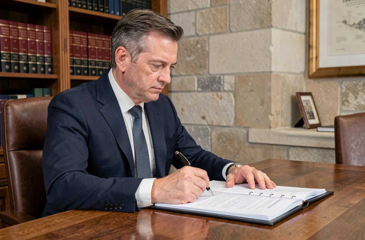 Expert immobilier judiciaire en costume marine consultant un rapport d'expertise dans un bureau formel à Besançon