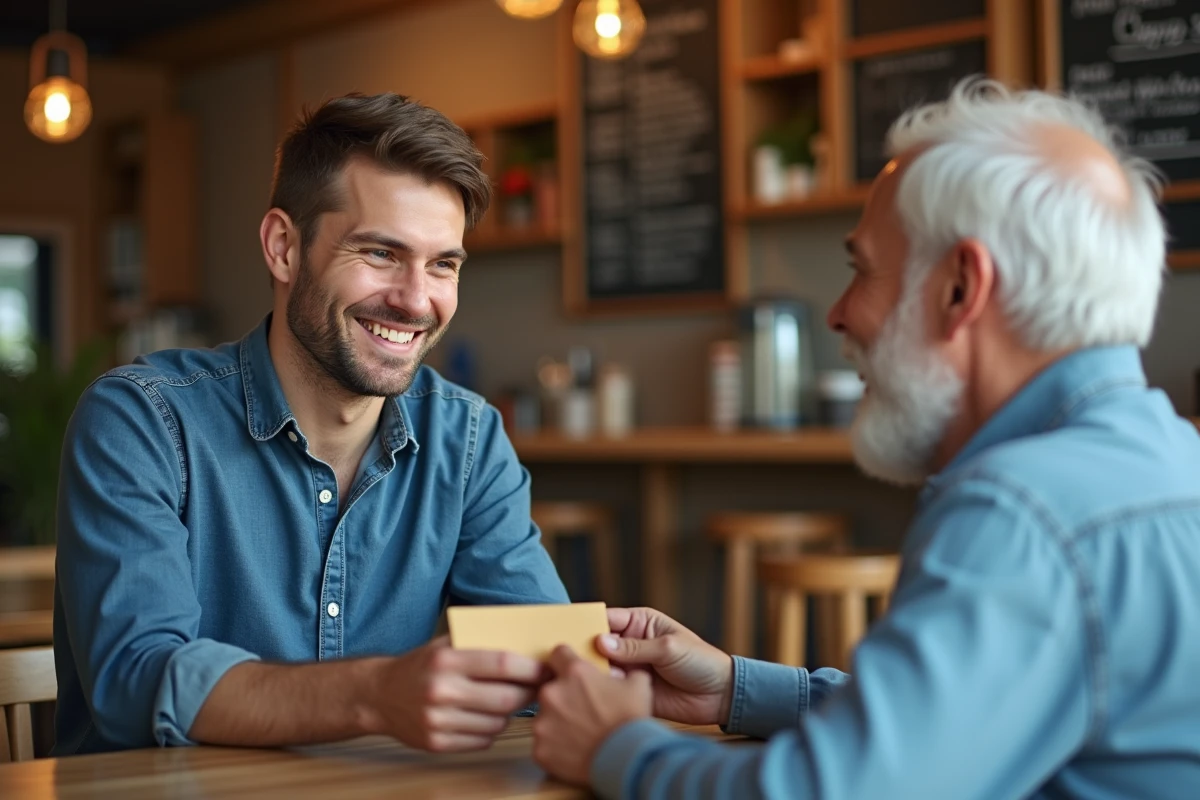 Jeune homme recevant une enveloppe d'argent en cadeau d'un proche dans un café, symbolisant un don exonéré d'impôt