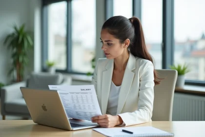 Femme professionnelle calculant son salaire net au Luxembourg devant un ordinateur portable et des documents financiers