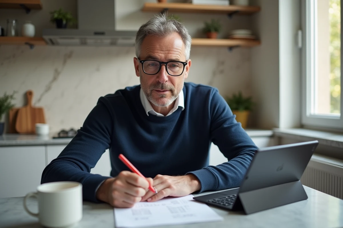 Homme consultant un calculateur de salaire net luxembourgeois sur une tablette dans une cuisine moderne