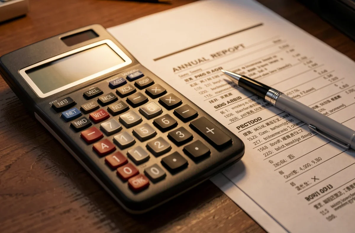 Calculatrice, stylo et rapport annuel posés sur un bureau