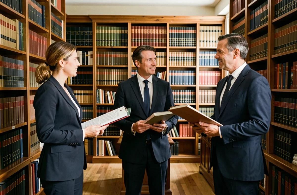 André Camprodon, Déolinda de Freitas Barreto et Marie-Céline Gervais, notaires associés, dans leur bibliothèque juridique