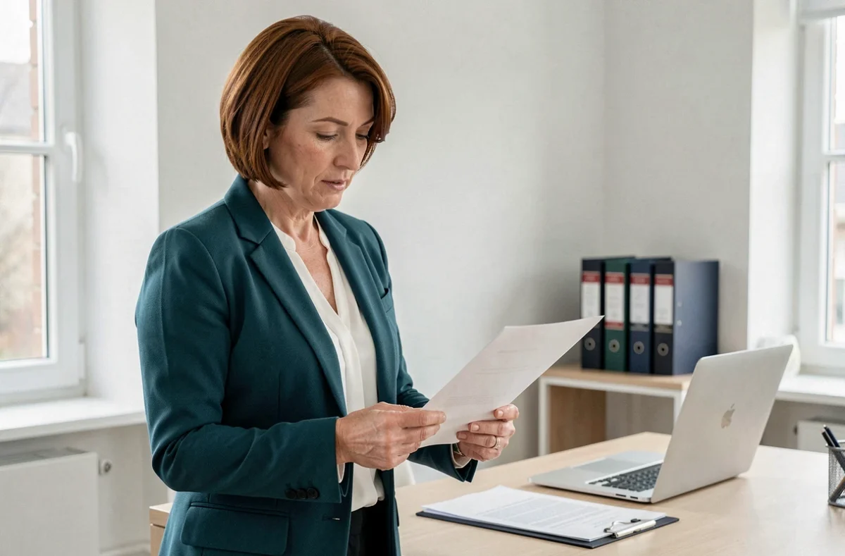 Cathy Teixeira de Melo, notaire, consultant un document dans son bureau contemporain
