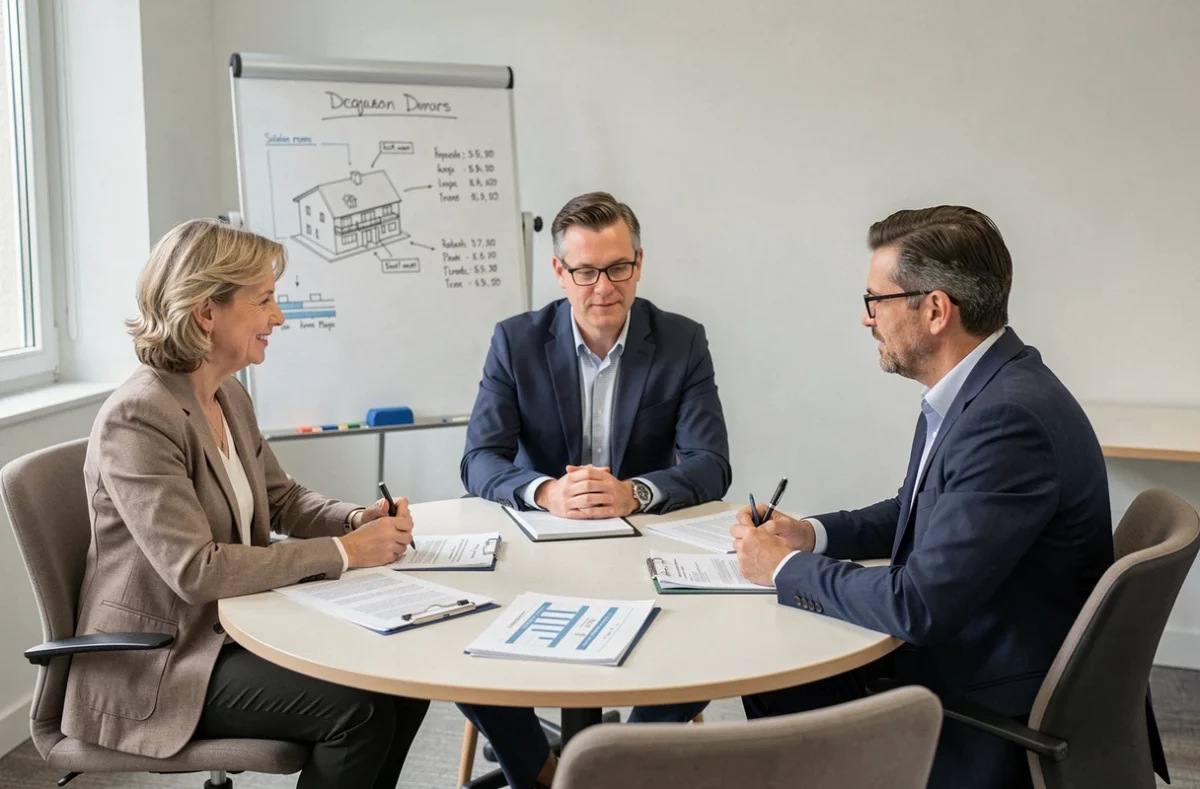 Réunion d'experts en gestion de copropriété autour d'une table avec documents financiers et schémas de propriété à Dijon