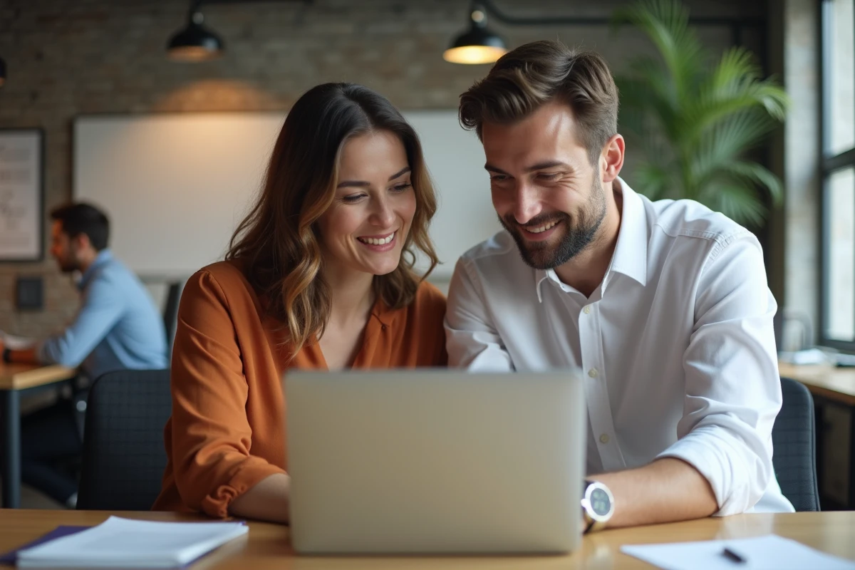 Deux collègues comparant les offres du CIC et des banques en ligne sur un ordinateur portable au bureau