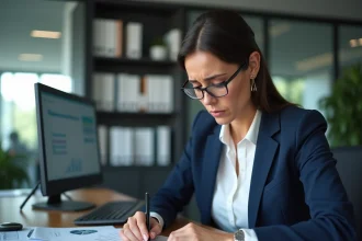Comptable femme examinant des documents financiers avant la date limite du bilan comptable 2026
