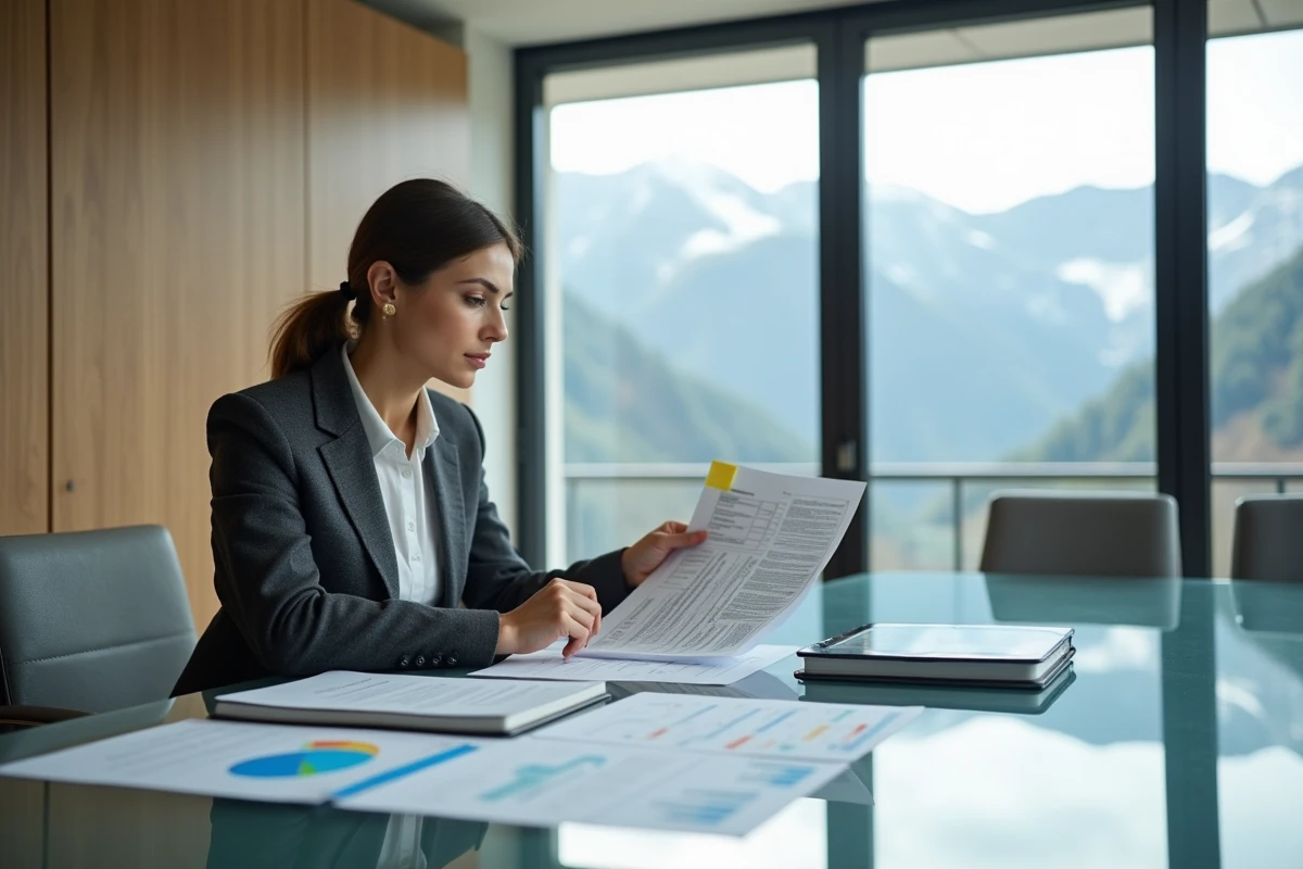 Comptable spécialisée analysant un rapport de conformité fiscale pour l'optimisation d'un yacht en Andorre avec vue sur les Pyrénées