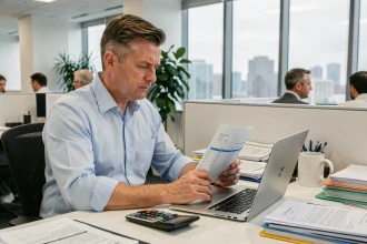 Comptable en entreprise consultant un simulateur de calcul de TVS 2026 sur ordinateur portable avec des documents fiscaux sur le bureau