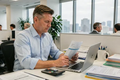 Comptable en entreprise consultant un simulateur de calcul de TVS 2026 sur ordinateur portable avec des documents fiscaux sur le bureau