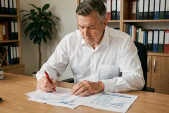 Comptable masculin vérifiant la date d'exigibilité d'un acompte IS sur des documents fiscaux imprimés