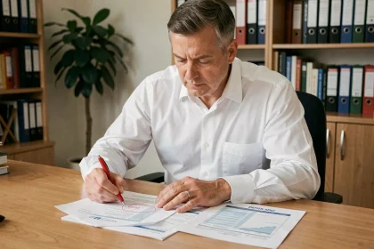 Comptable masculin vérifiant la date d'exigibilité d'un acompte IS sur des documents fiscaux imprimés