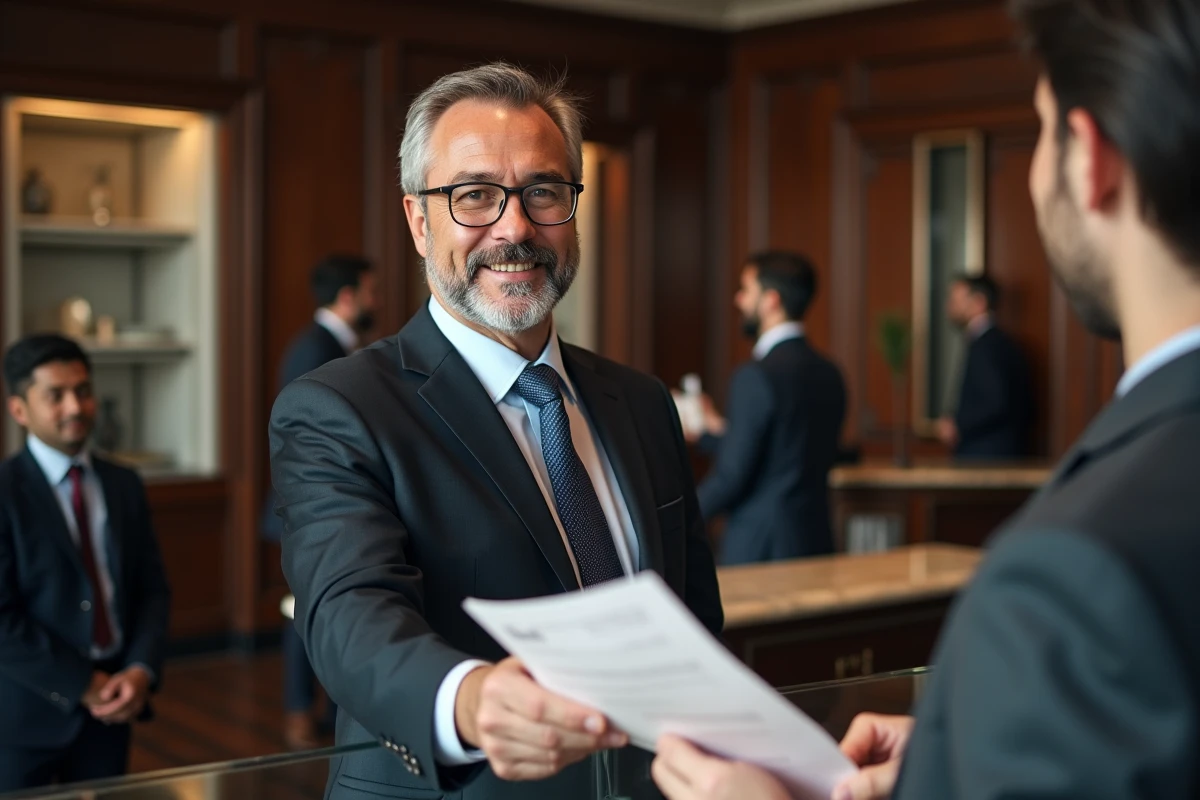 Conseiller bancaire français remettant un document officiel de conversion francs en euros au guichet d'une banque