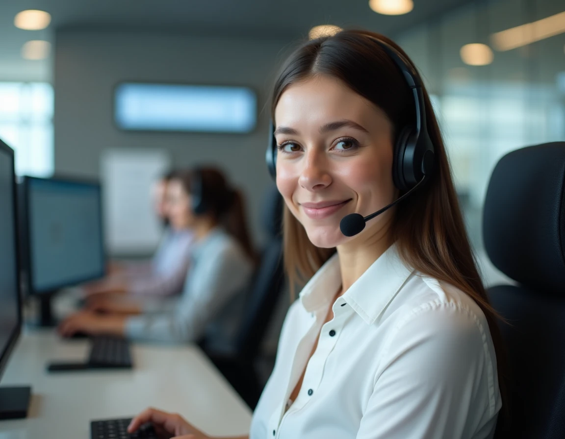 Conseillère en centre d'appel spécialisée dans les contrats assurance IARD avec casque téléphonique
