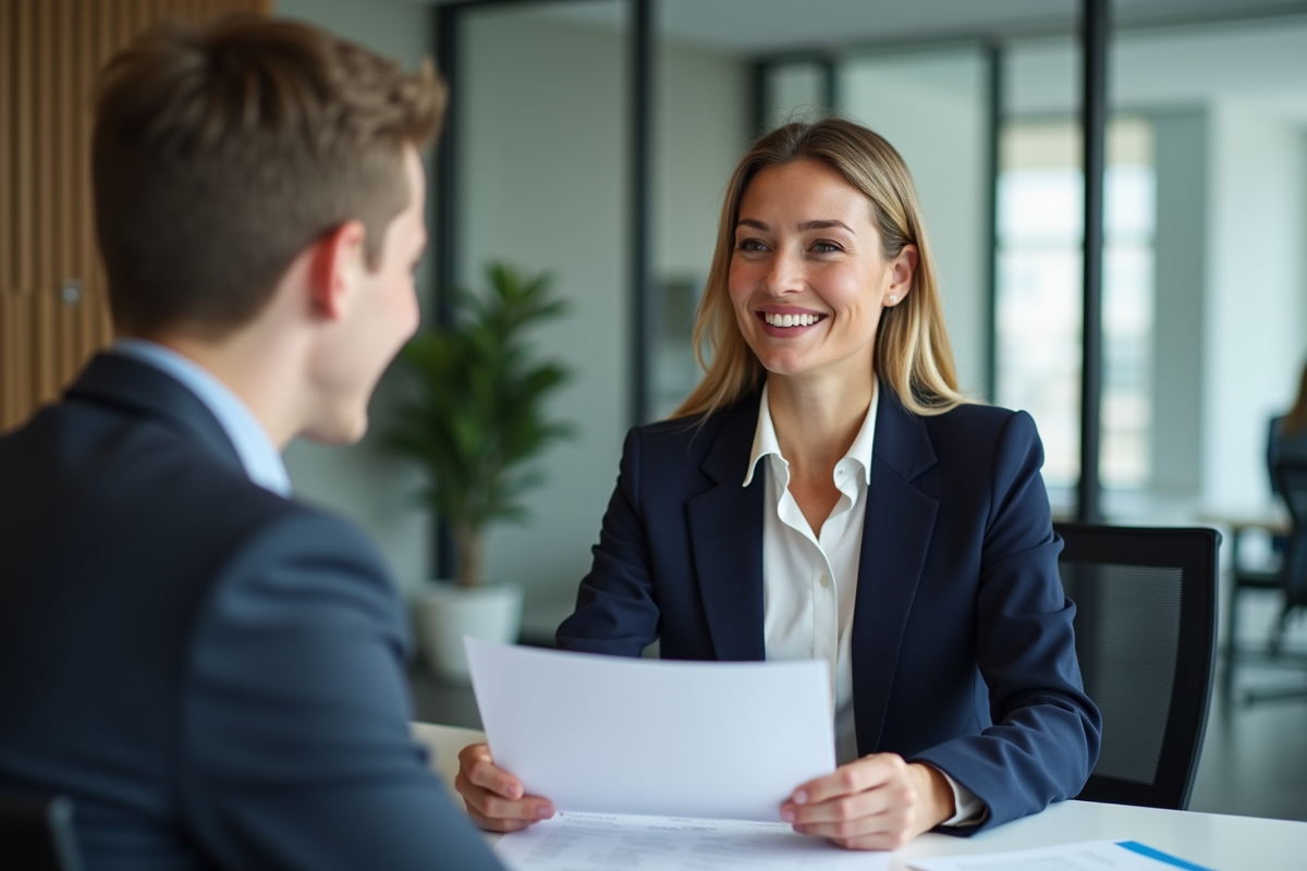 Conseillère en prêt immobilier remettant un dossier à un client