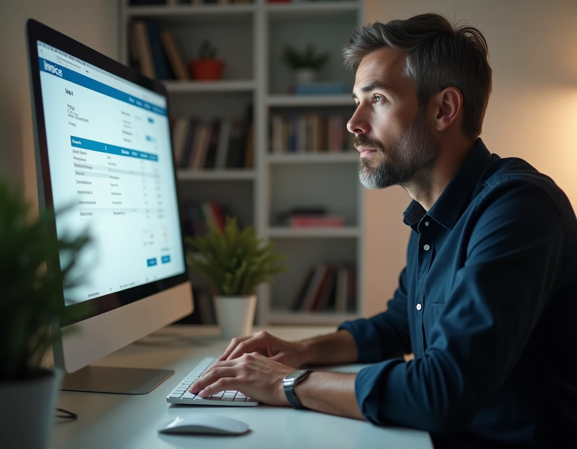 Homme consultant le détail d'une facture Carrefour avec TVA sur un ordinateur de bureau dans un bureau à domicile épuré