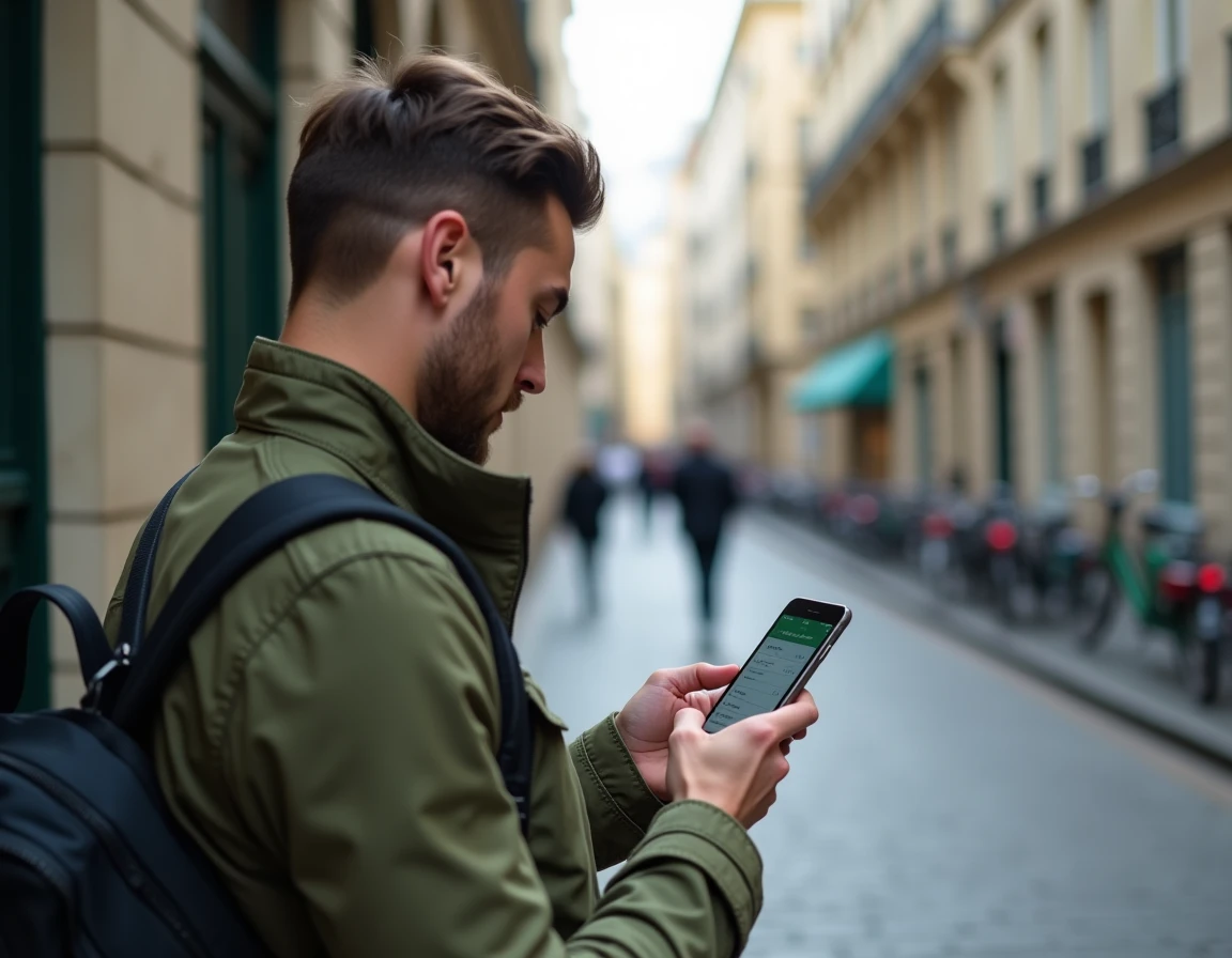 Personne consultant les numéros de téléphone Cetelem et le coût des appels sur smartphone en ville