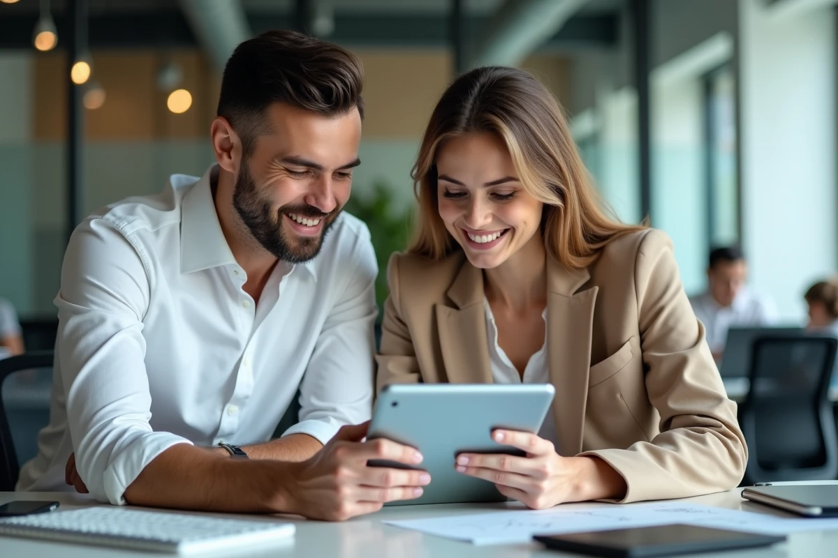 Deux collègues consultant les opérations bancaires LCL en temps réel sur une tablette dans un bureau moderne