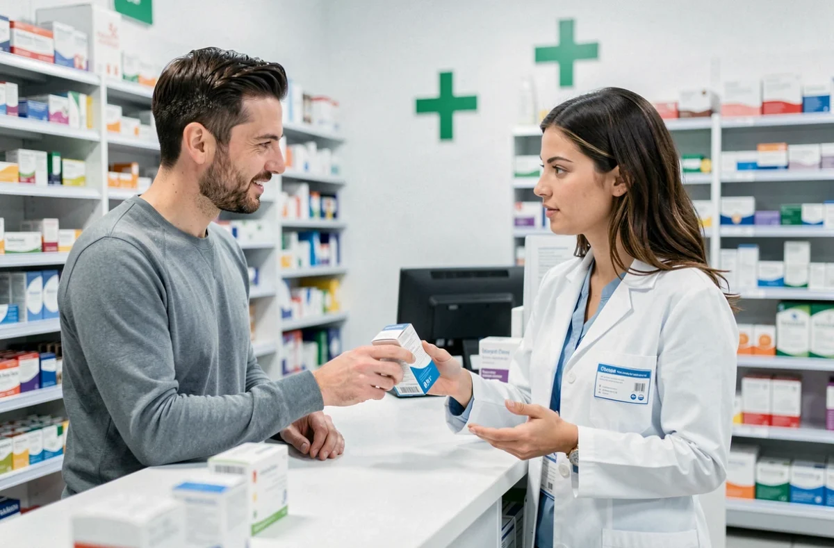 Homme consultant une pharmacienne en officine pour comprendre sa prise en charge mutuelle, échangeant sur le remboursement de médicaments