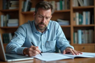Homme consultant des documents administratifs pour contester une dette sur créances publiques