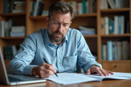 Homme consultant des documents administratifs pour contester une dette sur créances publiques
