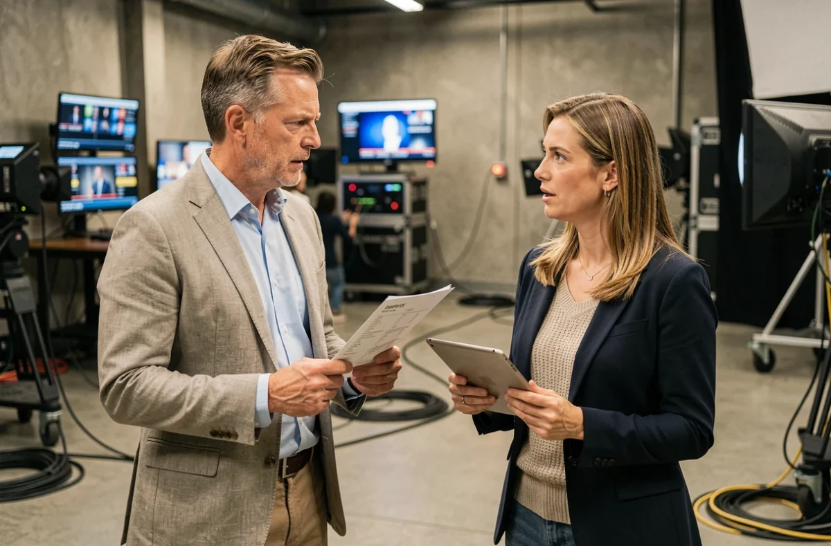 Deux professionnels des médias en coulisses d'un plateau télévisé discutant de production et de contrats