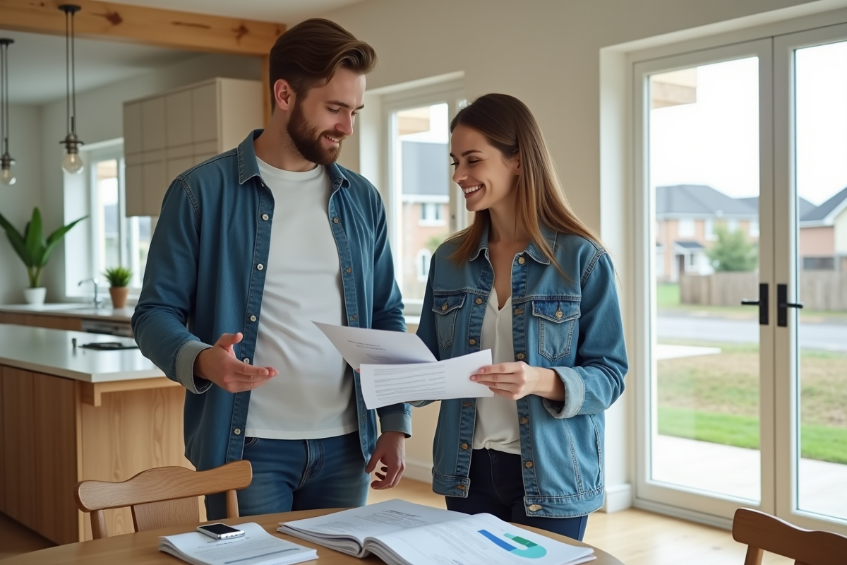 Jeune couple dans leur nouvelle maison avec documents de prêt immobilier